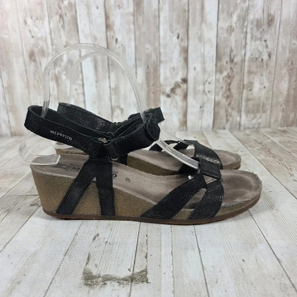 Mephisto Black Shimmer Suede Cork Wedge Sandals Women EU 39‎ US 9 Soft-Air